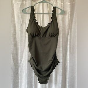 Olive Green Scallop-Edge One-Piece Swimsuit